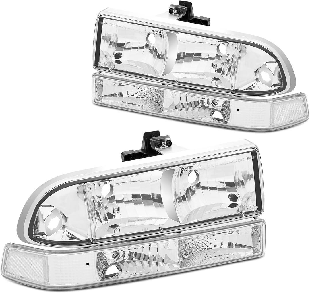 Headlights Assembly Compatible with 1998 1999 2000 2001 2002 2003 2004 Chevy Blazer,1998-2004 Chevy S10 Pickup Headlamp Chrome Housing Clear Reflector Head Lamps Turn Signal Light