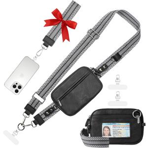 Tiostep Clip and Go Strap for Phone with Wallet Crossbody Phone Lanyard Adjustable and Anti-Theft Leather Purse with RFID Zipper Pouch for Travel Daily Life. Black Medium