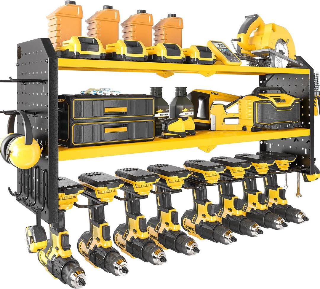 KAFAHOM Power Tool Organizer Large 8 Drill Holder Wall Mount ，Heavy Duty Metal Tool Shelf with 12 Hooks Storage Rack for Garage Organization Utility Cordless Drill Holder and Battery Shelves