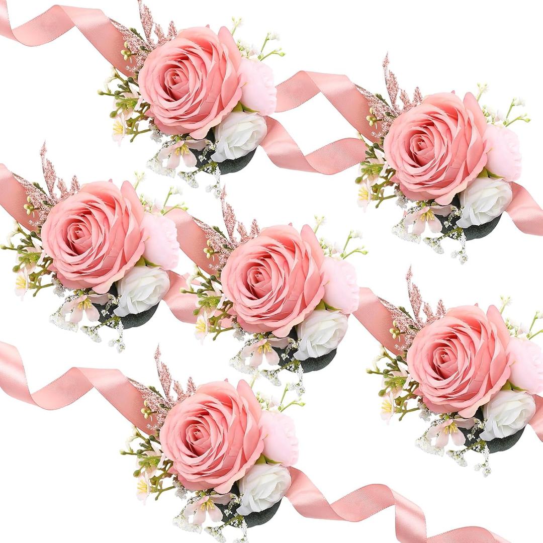 Thiccywoov 6 Pcs Dusty Pink Wrist Corsage Wedding Bridal Corsage Hand Flower Decor Wristband Flowers for Bride Bridesmaid Mother Prom Party Decoration Homecoming Ceremony Anniversary