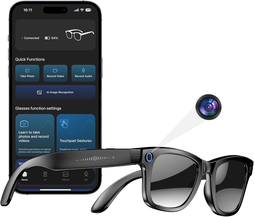 Yowow BIT AI Smart Camera Glasses 8MP Camera for Women Men, 4K Photos & 1080P Video Recording,Anti-Shake, 12H Music/Bluetooth Calls, Real-time Translation/GPT Object Recognition (Sunglasses)