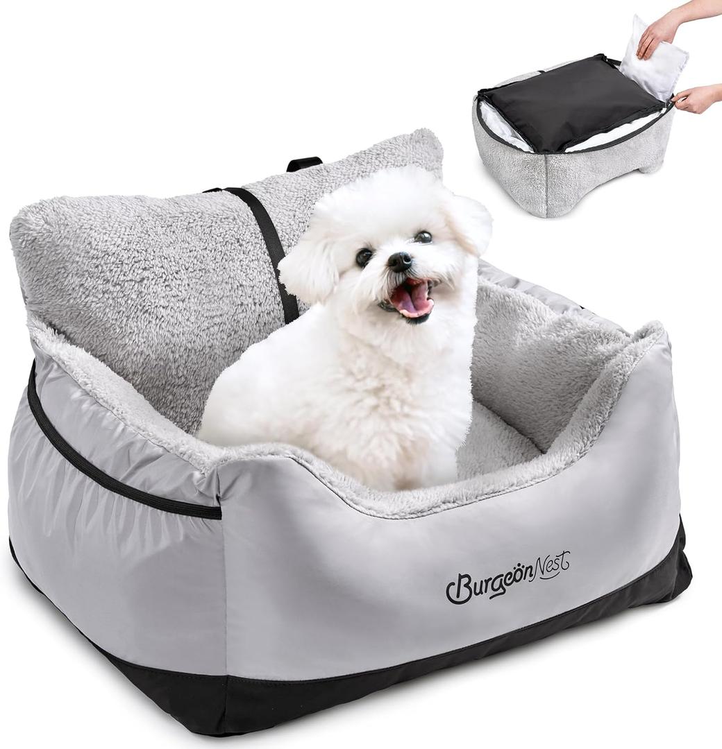BurgeonNest Dog Car Seat for Small Dogs, Detachable and Washable Cat Carseats Under 25 lbs, Soft Pet Booster Seats with Storage Pockets and ClipOn Leash Portable Car Travel Carrier Bed, Black Grey