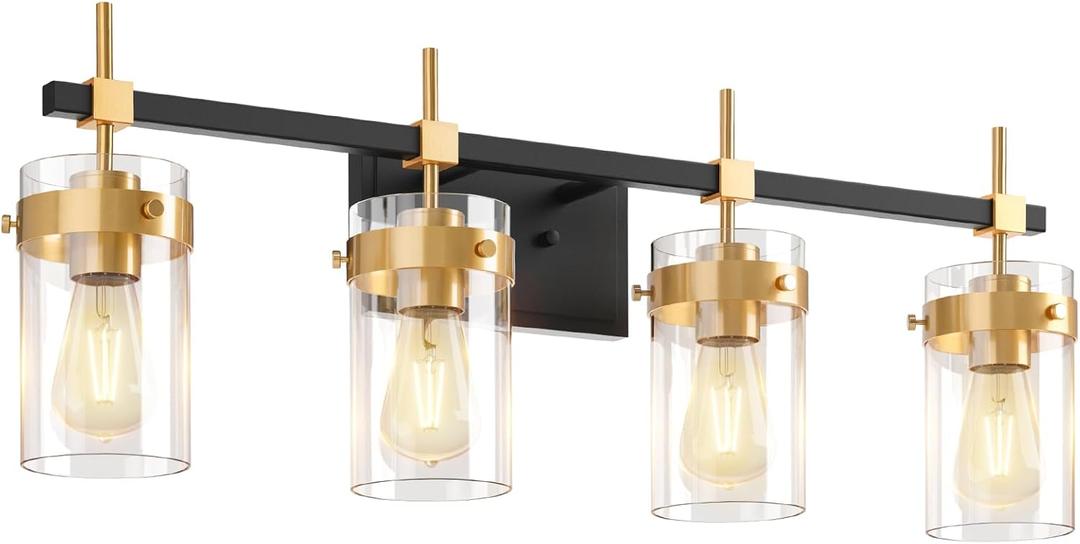 Amico Vanity Lights for Bathroom, 4-Lights Bathroom Light Fixture Over Mirror for Bath Glass Shade Light, Wall Sconce Lighting for Hallway Black and Gold