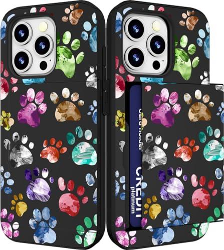 IWONE Compatible with iPhone 14 Promax Case Cute with Card Holder Slim Phone Pro Max Wallet Cover for Women/Colorful Doodle Paws Dog Craws Footprints Animal Watercolor