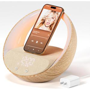 Bluetooth Alarm Clock, Sunrise Simulation Wake Up Night Light, 15W Fast Wireless Charging Alarm Clock for Bedroom, 10W Bluetooth Stereo Sound Speaker, USB Charger Port