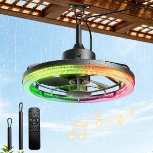20" Outdoor Ceiling Fans with Light for Patios, 16.4ft Waterproof Plug in Ceiling Fan, 6 Speeds Reversible Hanging Fan, 2 Downrods,with Bluetooth Speaker & RGB for Patio, Porch, Pergola