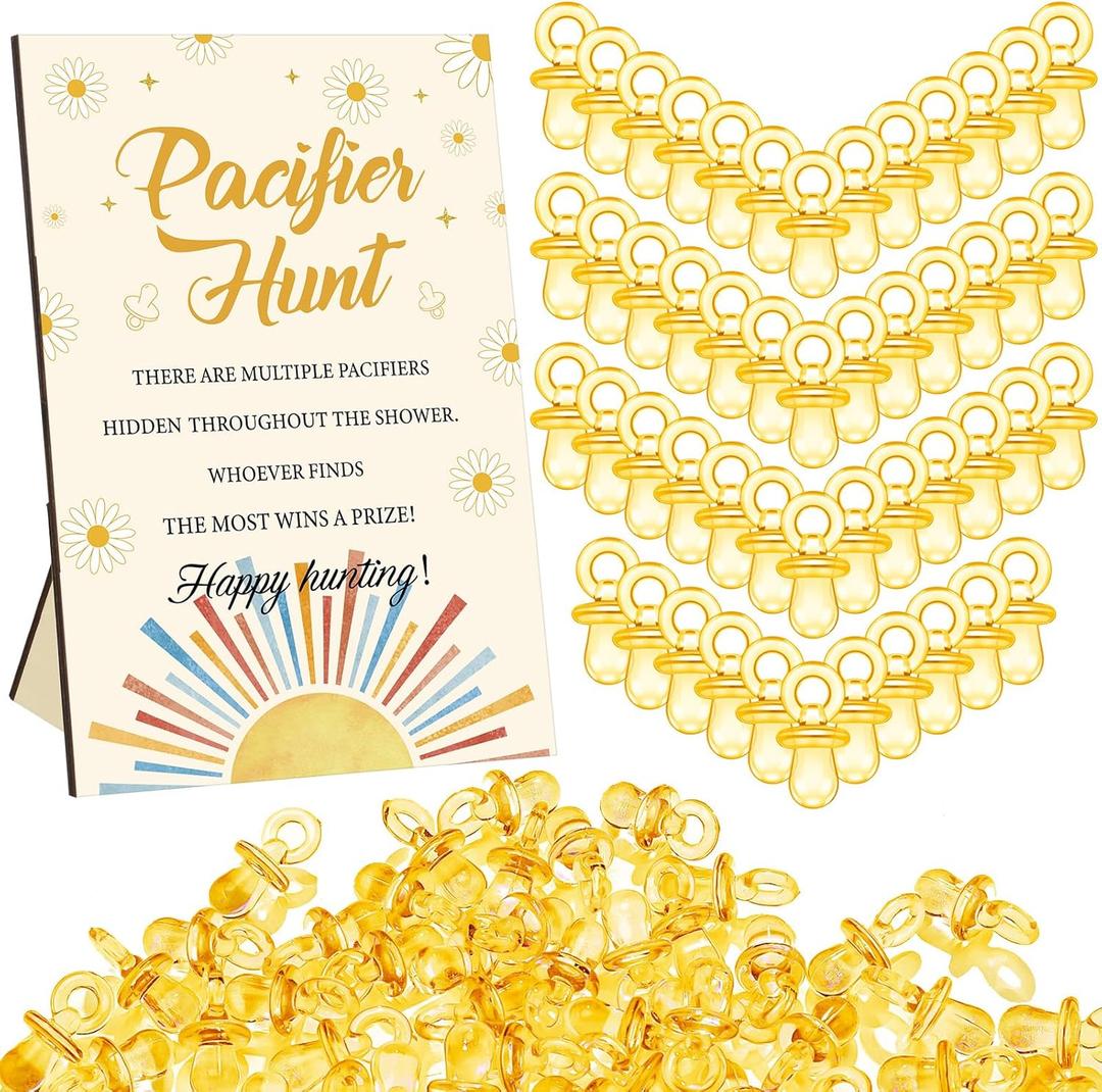 Thyle 51 Pcs Pacifier Hunt Baby Shower Games Include Hunt Sign and 50 Acrylic Pacifiers for Baby Shower Game Decoration Gift Sets Gender Reveal Party Decor (Retro Sun)