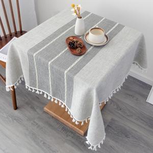 Waterproof Cotton Linen Washable Tablecloth Farmhouse Wrinkle Free Square Burlap Table Cloths 52x52 Inch Grey Heavy Weight Table Cover with Tassels for Kitchen Dinning Party Holiday