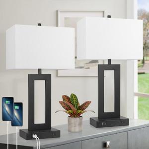 Set of 2 Modern Touch Control Table Lamps with 2 USB Ports, 22 Large Bedside Nightstand Lamps 3-Way Dimmable Desk Lamp With White Fabric Shade For Bedrooms Living Room Reading, 2 LED Bulbs Included