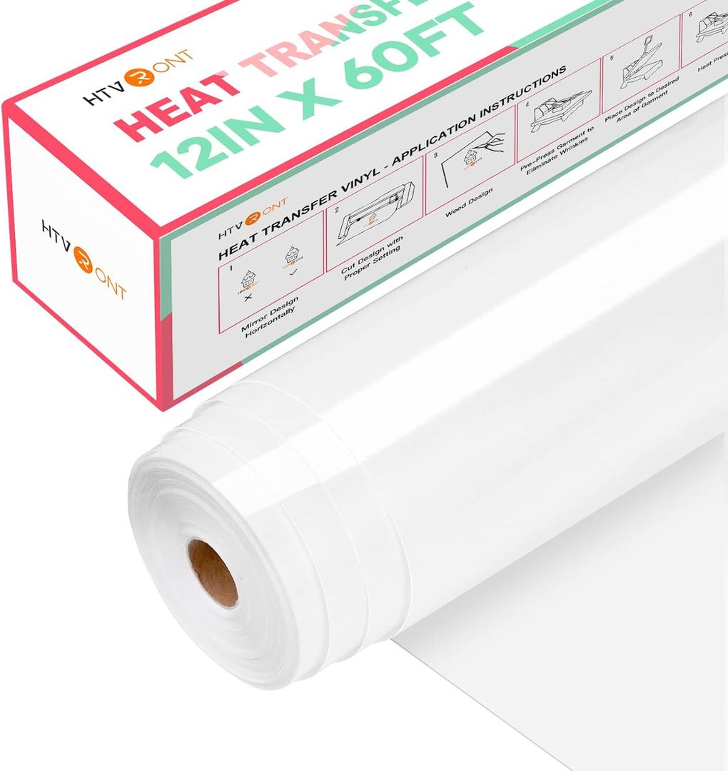 HTVRONT Heat Transfer Vinyl White Iron on Vinyl-12 x 60FT White HTV Vinyl Roll Easy to Cut & Weed for Heat Vinyl Design