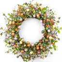 VioletEverGarden 20 Inch Easter Wreaths for Front Door Colorful Easter Wreath Artificial Egg Wreath with Berry for Spring Summer Hoilday Party Decorations