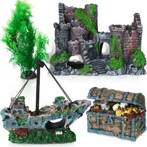Wenqik Aquarium Decorations Large, Resin Sunken Shipwreck, Undersea Treasure Chest, Ancient Castle Ruins Tunnel House, Simulated Artificial Water Plants, Fish Shrimp Cave Hide for Fish Tank, Safe