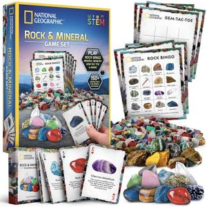 National Geographic Rock Bingo Game - Play Rock Bingo, Mineral Memory, Gemstone Trivia, & Card Games, Collection Includes Over 150 Rocks and Minerals, Educational STEM Toy for Kids 