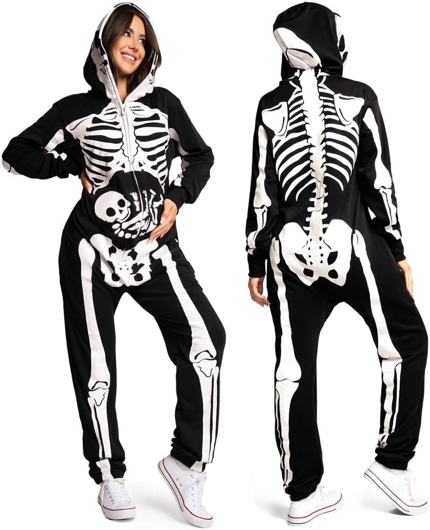 Tipsy Elves Halloween Skeleton Costume for Women - Comfy Easy Adult Onesie Jumpsuit - Front and Back Print with Zip Up Mask (Small, Black Pregnant Skeleton)