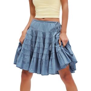 Wyeysyt Womens Summer Pleated Skirts Boho Layered Tiered Cotton Flowy Skirt Knee Length Beach Vacation A-Line Skirt (Medium, Blue)