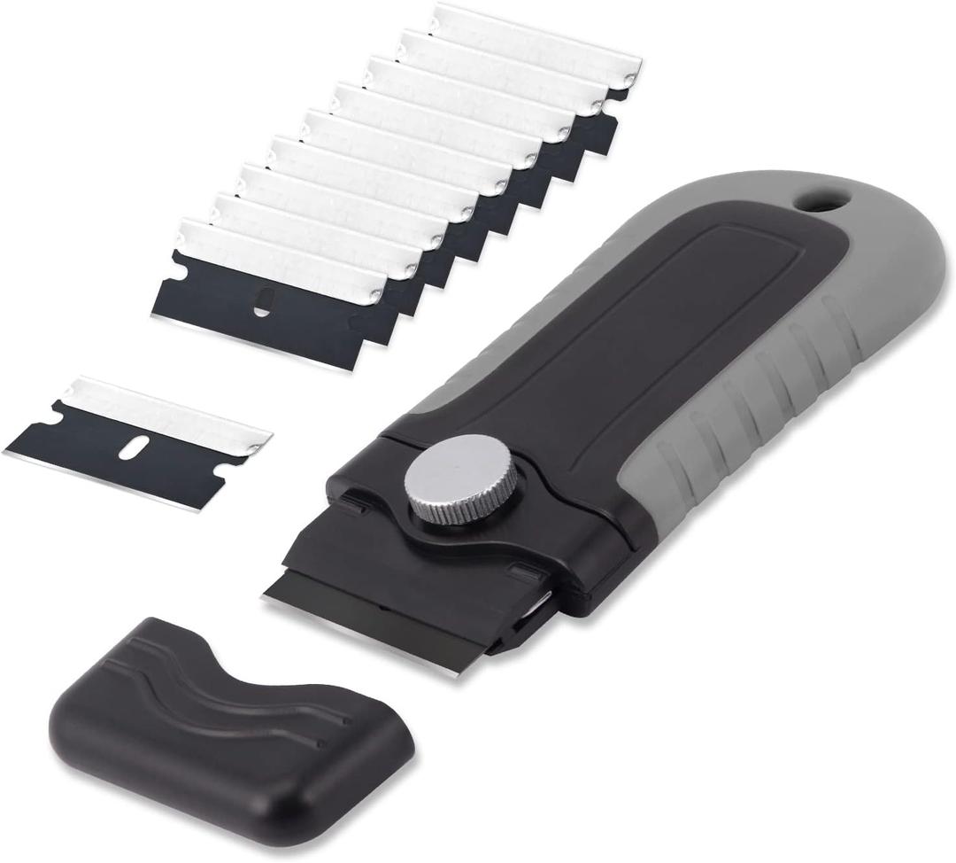 Gomake Locking Razor Blade Scraper with Safety Cap, Glass Cooktop Scraper with 10PCS Black Carbon Steel Blades for Glass Clean, Paint and Old Label,Decal Sticker Remover, Stove Top Scraper Tool