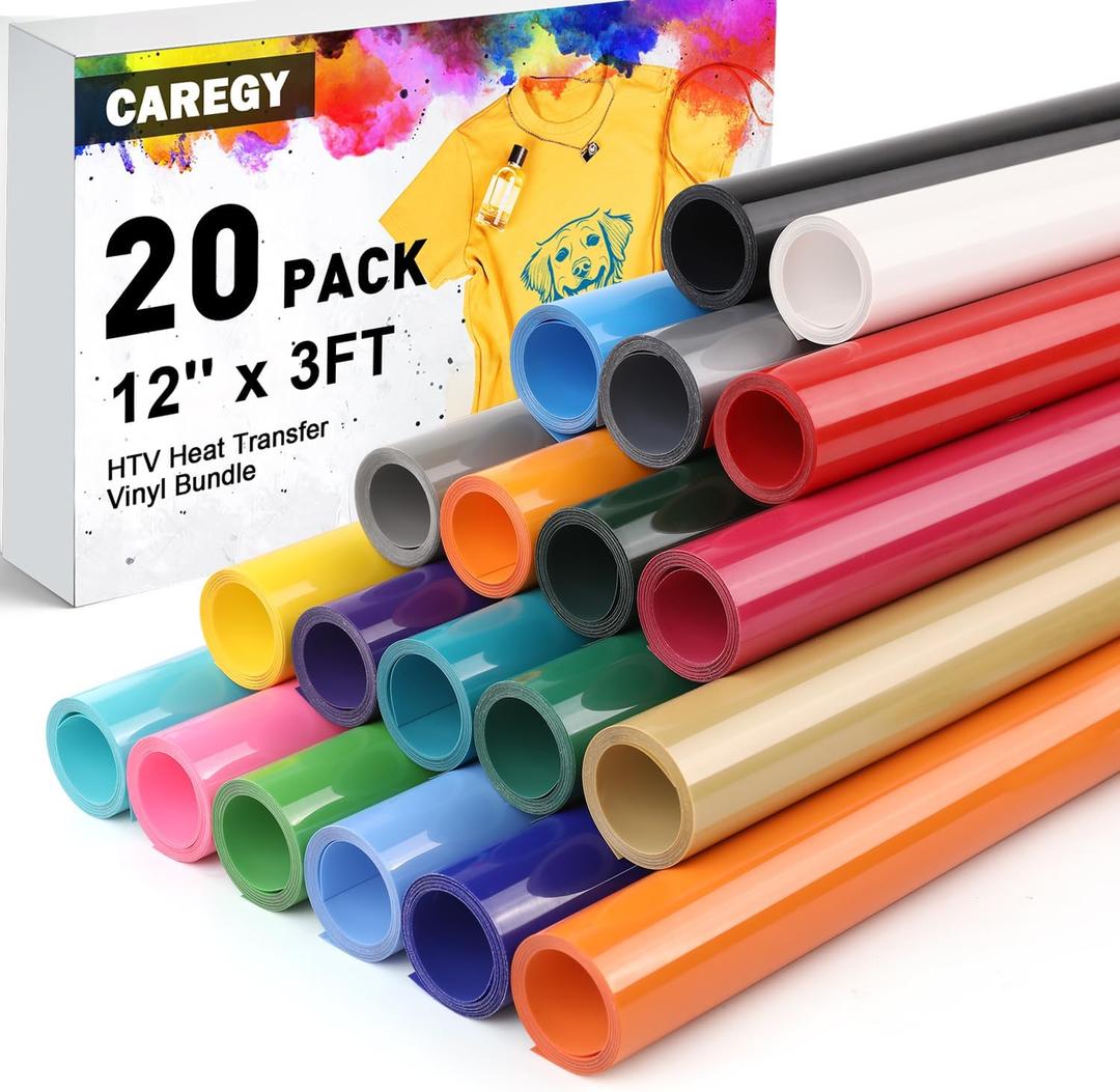 CAREGY Heat Transfer Vinyl HTV for DIY T-Shirts 12 Inches by 3 Feet Rolls (20 Pack)