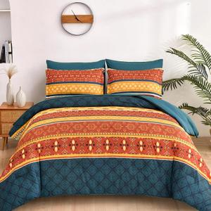 WONGS BEDDING Boho Comforter Set Queen Size,7 Pieces Bed in a Bag Bohemian Striped Bedding Set,Burnt Orange Paisley Floral Comfortet and Sheet Set,Soft Microfiber Bedding Sets for All Season