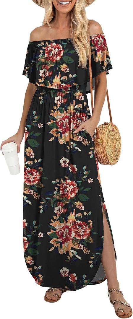 LILBETTER Womens Off The Shoulder Ruffle Party Dresses Side Split Beach Maxi Dress (Brown Floral Black, X-Large)