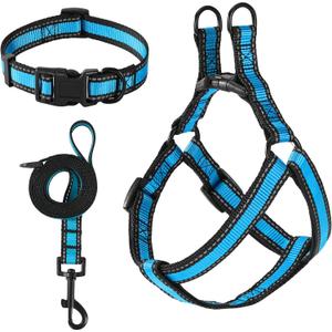 Mile High Life Night Reflective Double Adjustable Band Nylon Small Puppy Pet Dog Combo Collar Leash and Harness Set (Reflective Edge Blue, Large (Pack of 3))