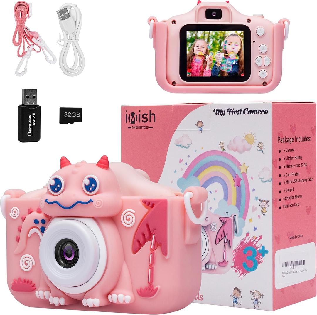 iMisH Upgrade 48M Kids Camera for Girls Boys Age 3-9, 1000mAh Large Battery with 1080p Video Camera for Kids - Shockproof Silicon Case and 32GB TF Card, Toddler Camera for Selfie (Pink)