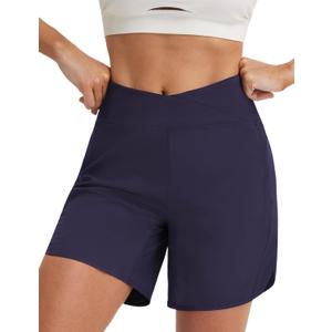baleaf Women's 7 inch Athletic Shorts Crossover Waist Quick Dry Shorts (Blue, S)
