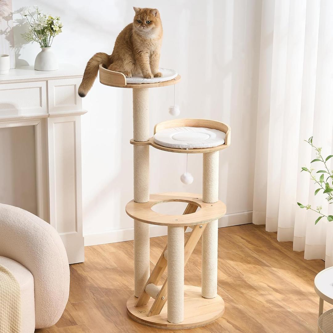797Audio Morden Solid Wood Cat Tree Tower, 49" Tall Cat Tree with Sisal Scratching Posts and Ladder for Large Cats, Natural Oak Wooden Cat Tower, Aesthetic Multi-Level Cat Climbing Tree for Indoor Cat