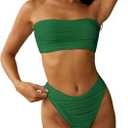 ZAFUL Women Strapless Textured Bandeau Bikini 2 Piece Swimwear Cheeky Solid Lace up Bathing Suits (Green, Medium)