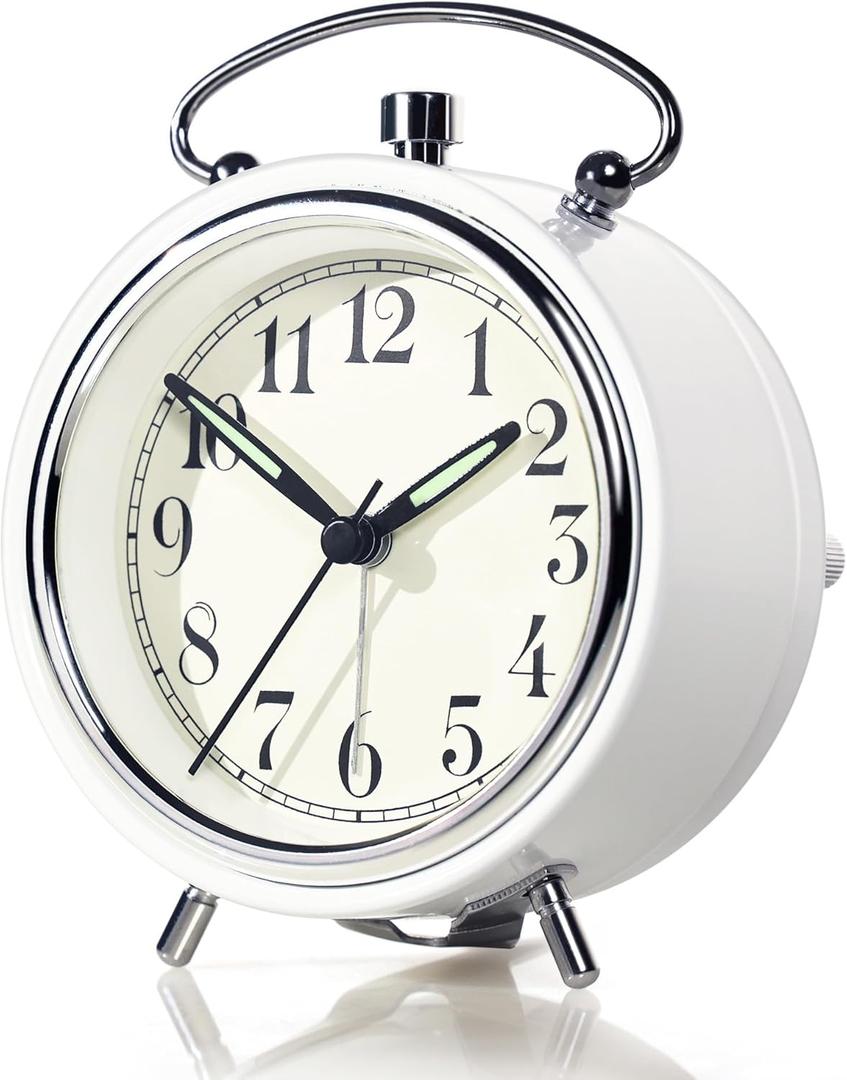 AYRELY 4" Super Loud Alarm Clock for Heavy Sleepers, Desk Clock with Built-in Metal Bell, Silent Analog Table Clock with Night Light for Bedroom, Bedside, Office, Kitchen (Bright White)