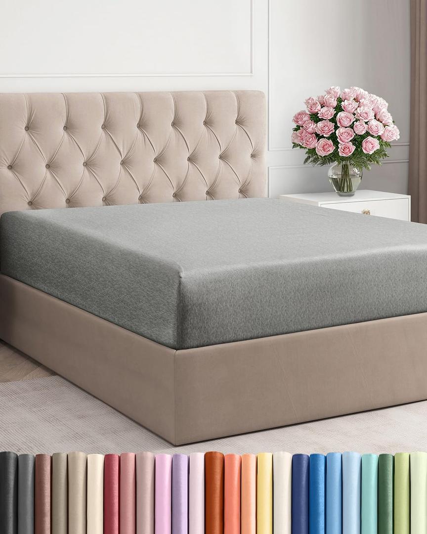 Queen Fitted Bed Sheet - Bottom Single Fitted Sheet Only - Ultra-Soft Hotel Luxury Bedding w/ 8-16 Inch Deep Pockets - Breathable & Wrinkle Free - Easy-Care, Fade & Shrink Resistant - Heathered Grey