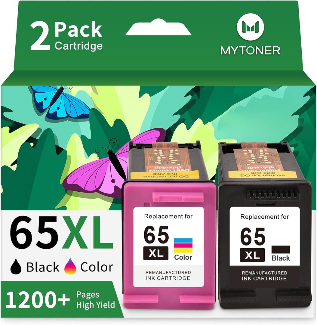 MYTONER 65XL Ink Cartridges Black/Color Combo Pack High-Yield Replacement for HP Ink 65XL 65 Ink Cartridges use with HP Envy 5055 5052 5058 DeskJet 3755 2655 3752 3720 3722 Printer Ink 65 (2 Pack)