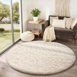Ophanie Round Rug 4Ft Ivory Circle Area Rugs, Fluffy Fuzzy Small Bedroom Carpet 4 foot, Plush Shag Floor Cream Living Room Christmas Circular Aesthetic Decor for Kids Teen Boys Baby, Nursery,Classroom