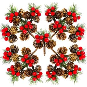 Wowagoga 30 PCS Faux Mini Snowy Pine Picks with Red Berries & Natural Pinecones Mini Artificial Pine Tree for Christmas Party Gift Decor