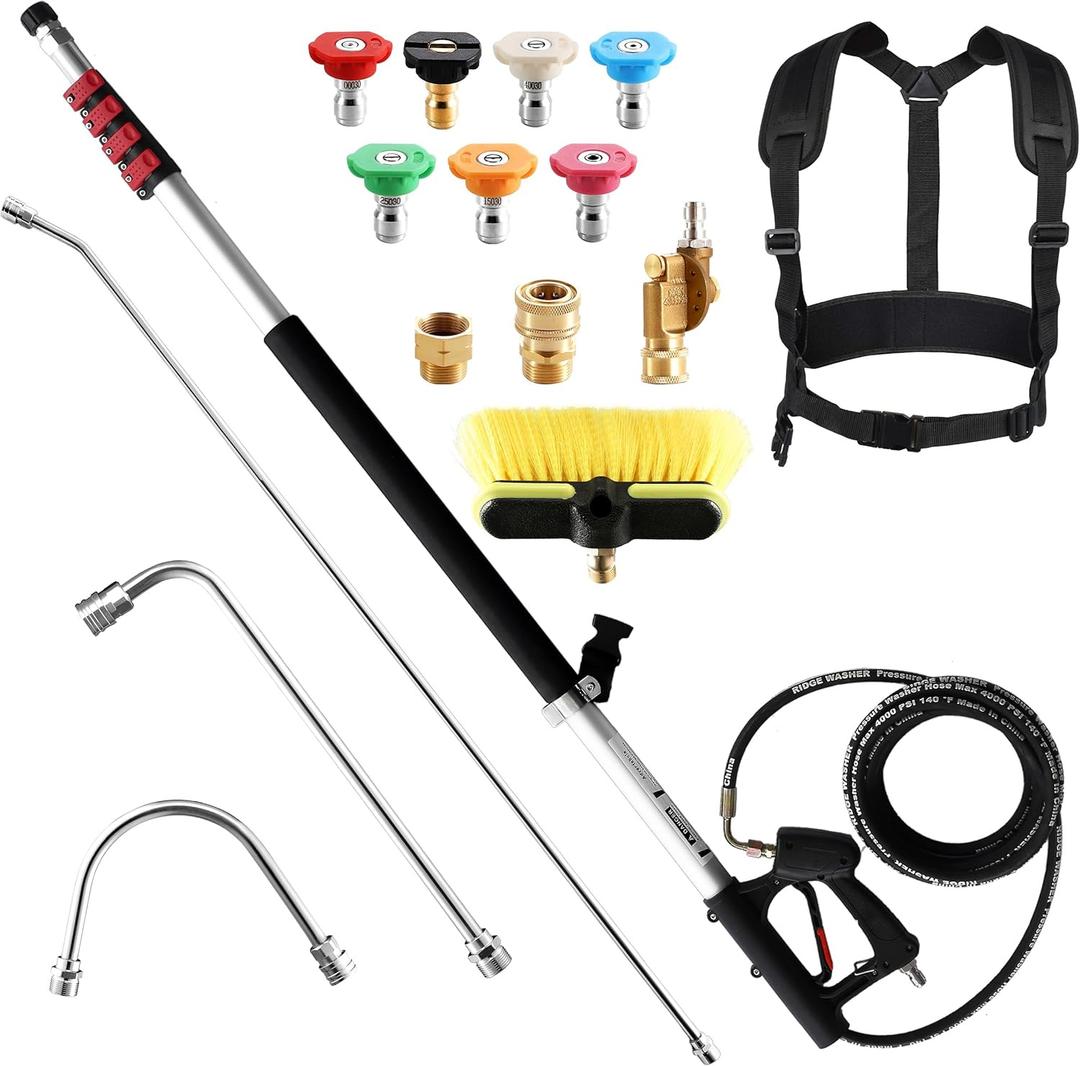 RIDGE WASHER 24 FT Telescoping Pressure Washer Wand, Power Washer Extension Wand with Brush, Telescopic Gutter Cleaner with 3 Stainless Steel Curve Wands, Adjustable Support Belt, 7 Nozzles, 4000 PSI