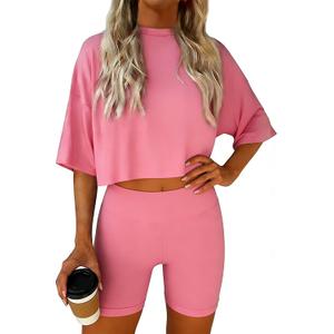 Jenisso Women 2 Piece Lounge Set 2026 Summer Short Sleeve Crop Tops Shirts Matching Shorts Travel Outfit Clothes (Pink, XL)