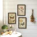 NIKKY HOME Set of 3 Vintage Butterfly Wall Art Poster Print Rustic Botanical Picture Decor Floral Plant Wooden Framed Plaque Sign for Bedroom Living Room Office Classroom (Multi)