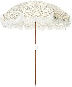 Business & Pleasure Co. Holiday Umbrella - Boho Beach Umbrella with White Fringe, UPF 50+, 1" Tilting Wood Pole, 5ft x 6.5’ft Eyelet