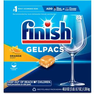 Finish Gelpacs Dishwasher Detergent Pods, Quick Dissolving Cleaning Power, Fights Grease & Dried-On Food, Easy-to-Use Pre-Measured Dishwasher Soap, Orange Scent, 84 Count