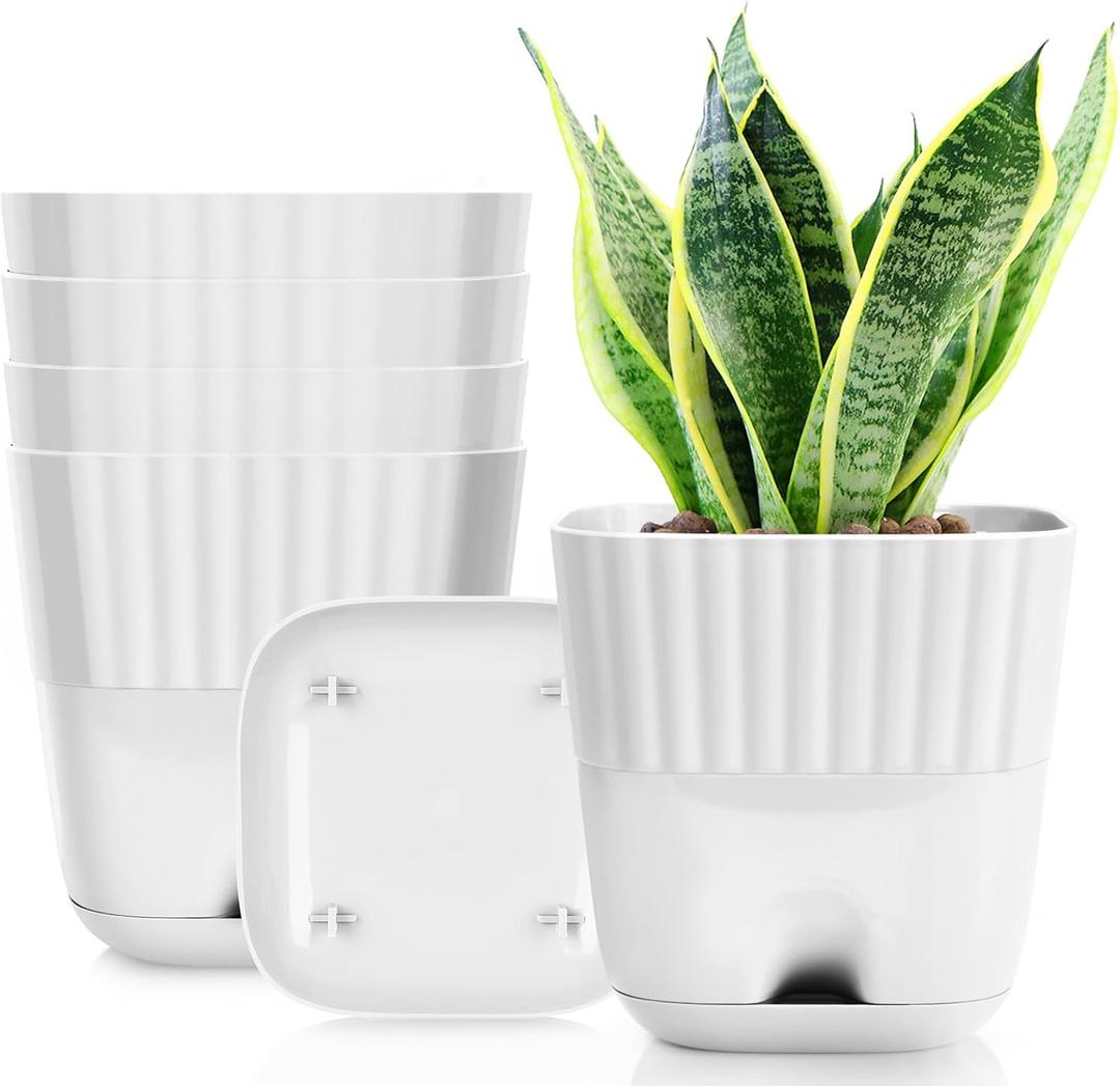 5 inch Square Plant Pot for Small Indoor Plants, Plastic White Flower Pots with Drainage Holes and Connecting Saucers, Decorative Garden Pots for Herb,Aloe,Cactus, Succulents (Pack of 5) (4.7'' (5 pcs))