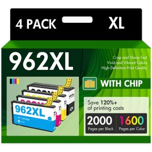 962XL Ink Cartridges Combo Pack: Replacement for HP Ink 962XL Black and 962 Color 962XL/962 OfficeJet Pro 9010 Series 9020 9015 9018 9025 9012 9014 9016 9019 9022 9026 9027 Printer, 4 Pack