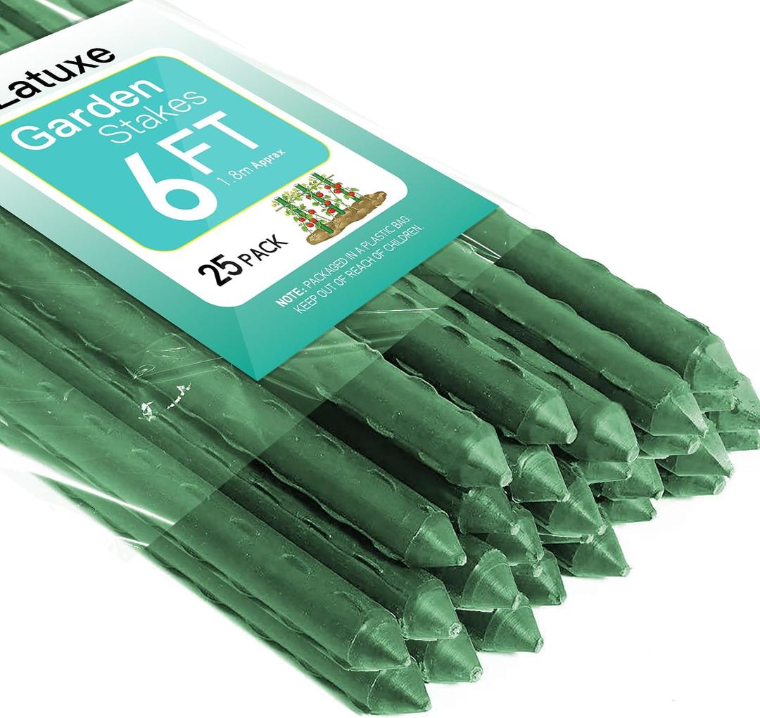 Garden Stakes 6FT 25pcs, Plastic Coated Steel Plant Stakes Specifically Designed for Climbing Plants, Ideal for Tomatoes, Beans, Cucumbers, Peppers, Vines, and More Plant Growth