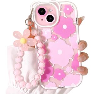 NITITOP Compatible for iPhone 15 Case Clear Cute Flower Floral Bear for Girls Women Pattern with Chain Lanyard Wrist Strap Soft TPU Shockproof Protective Girly for iPhone 15-Bear Pink