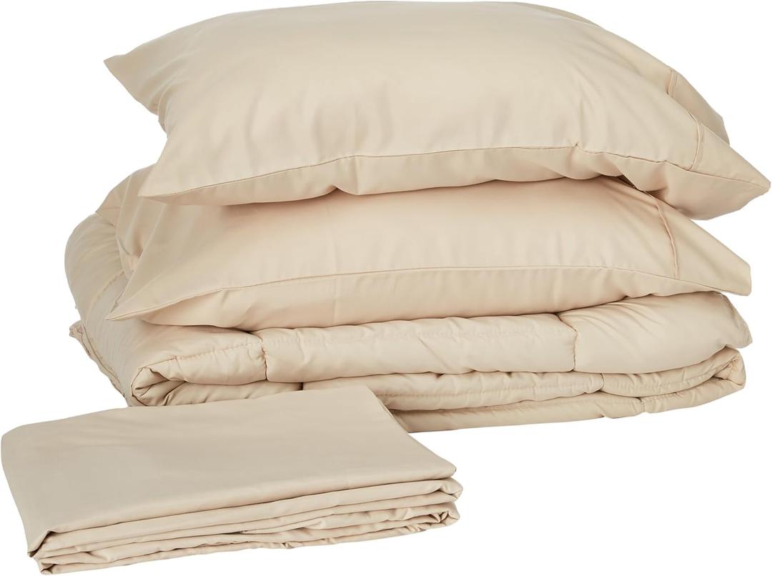 Sweet Home Collection 5 Piece Comforter Set Bag Solid Color All Season Soft Down Alternative Blanket & Luxurious Microfiber Bed Sheets, Beige, Twin XL