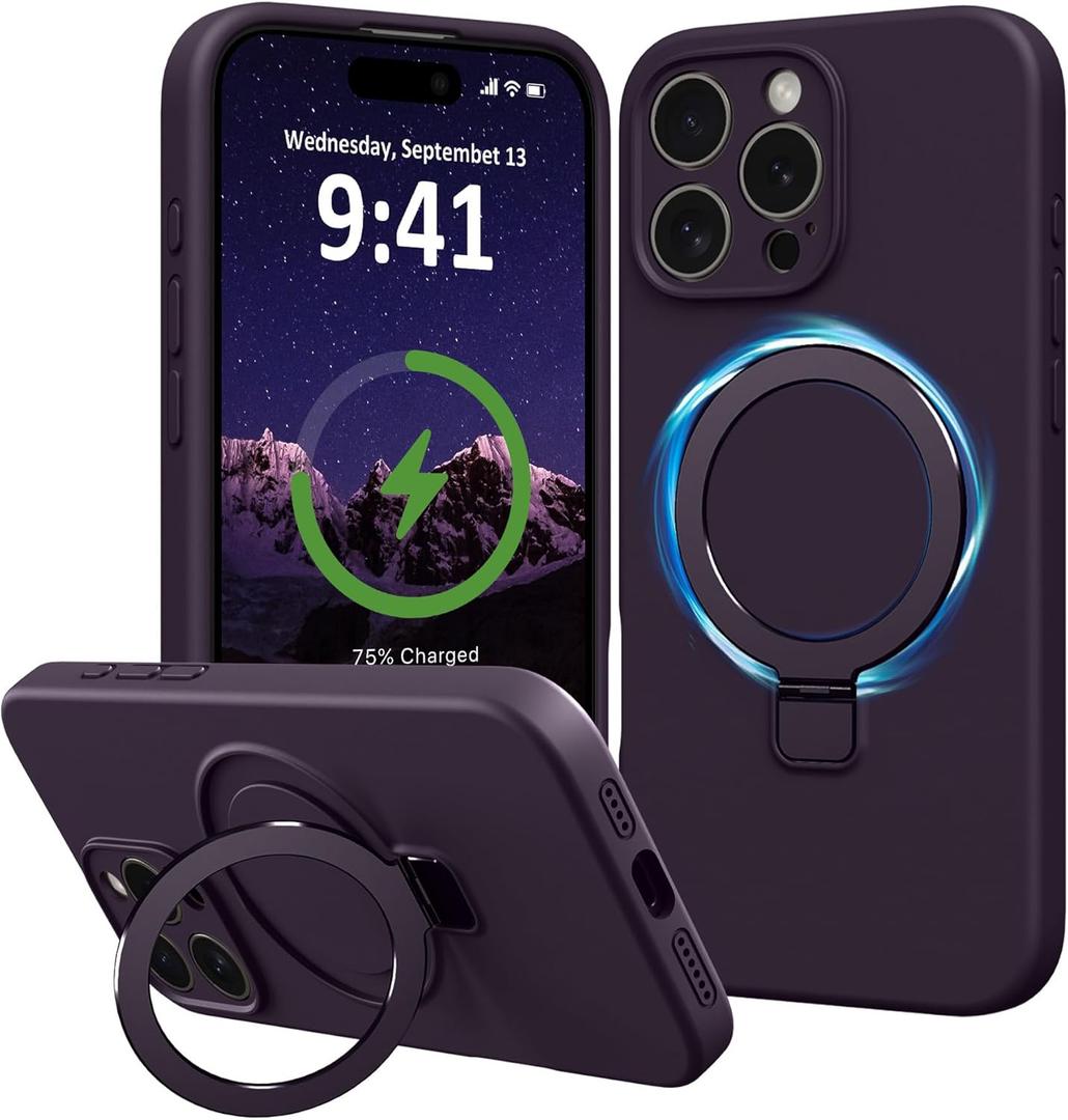 for iPhone 16 Pro Case Stand, Slim Comfortable Liquid Silicone Phone Cases Compatible with MagSafe Magnetic Ring Kickstand Stand Full Camera Protection for iPhone 16 Pro 6.3", Purple