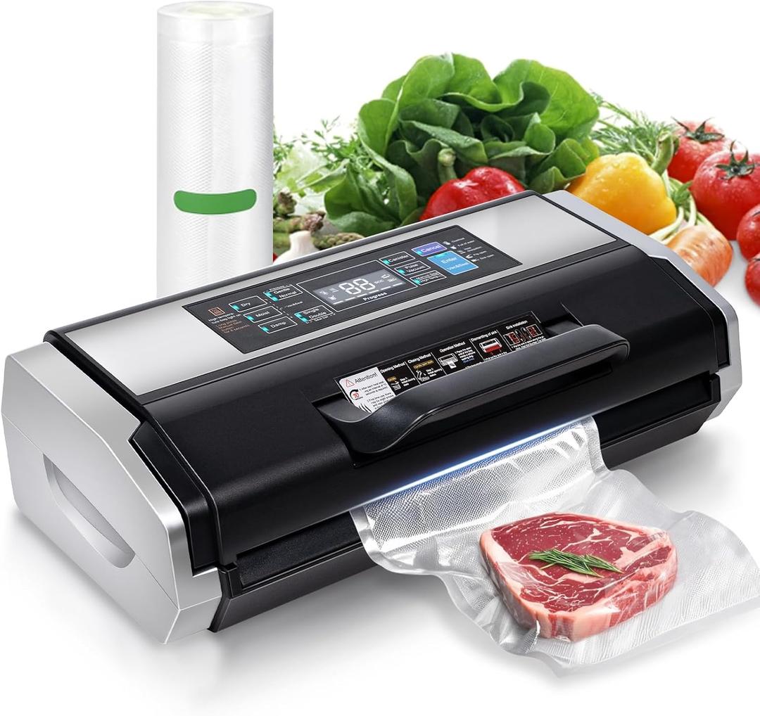 95KPa Automatic Vacuum Sealer Machine - 10-in-1 System with Double Heat Seal Technology, Easy-Lock Handle & Built-in Cutter, Includes Vacuum Roll + 15 Bags (Black）