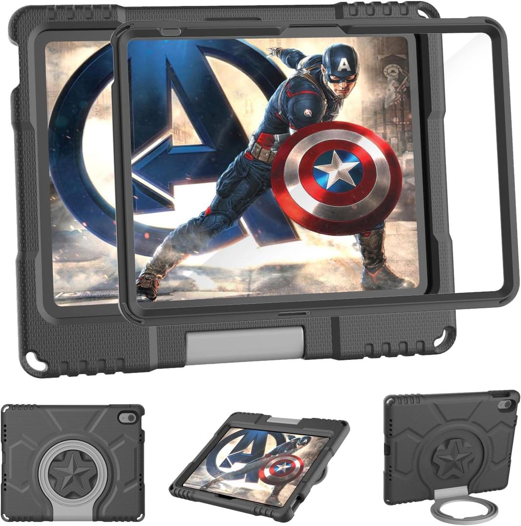 Lainergie Kids Case for iPad 10th Generation 10.9-inch (2022) & iPad Air 11-inch M2 (2024) & iPad Pro 11-inch M4 (2024), Lightweight Shockproof Case Built-in Screen Protector with Handle Stand, Black