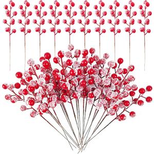 RONYOUNG 32PCS 9" Artificial Holly Berry Stems Christmas Berry Picks Sprays Snowy Fake Red Berries for Christmas Tree Branches Fillers Ornaments Valentine DIY Crafts Wedding Home Party Winter Decor
