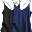 Ekouaer Women's Silk Satin Camisole Tank Tops V Neck Spaghetti Strap Blouses Cross Back Sleeveless Cami Shirt (Medium, Black+navy Blue)