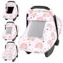 Pea Pod Car Seat Cover Baby, Infant Car Seat Canopy Covers with 2 Layers Windows of Breathable Mesh Fabric, Lightweight Polyester, Soft Minky Dot Backing (Rainbow & Floral Pattern) (Single Zipper)