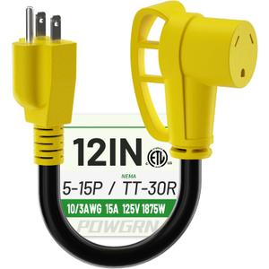 POWGRN RV 30 Amp to 110 Adapter 12 inch, Heavy Duty 10/3 Gauge RV Electrical Adapter, NEMA 5-15P Male to NEMA TT-30R Female, STW 10AWG 15A 125V 1875W, Black-Yellow, ETL Listed
